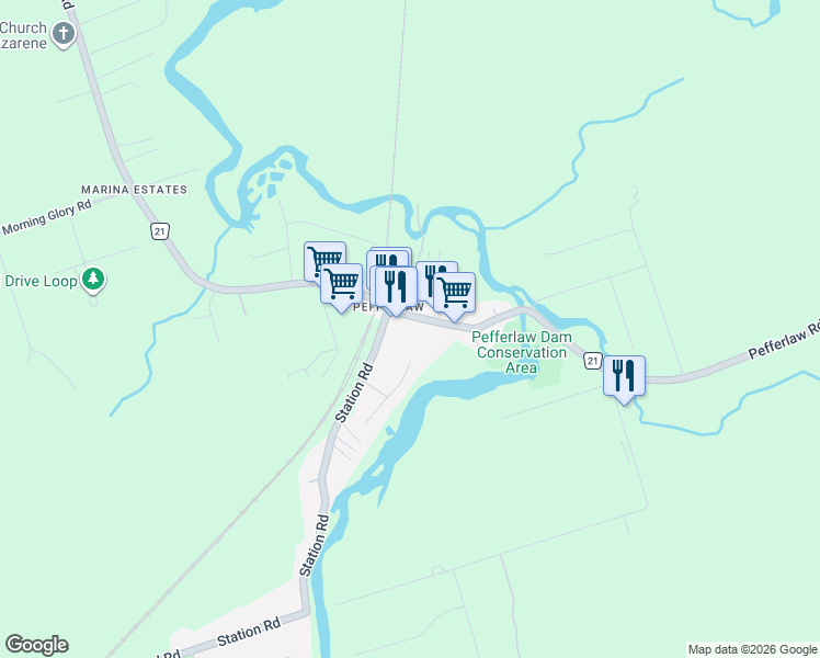 map of restaurants, bars, coffee shops, grocery stores, and more near 273 Pefferlaw Road in Georgina