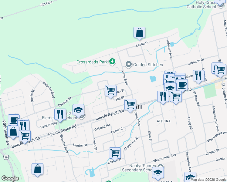 map of restaurants, bars, coffee shops, grocery stores, and more near 1204 Inniswood Street in Innisfil