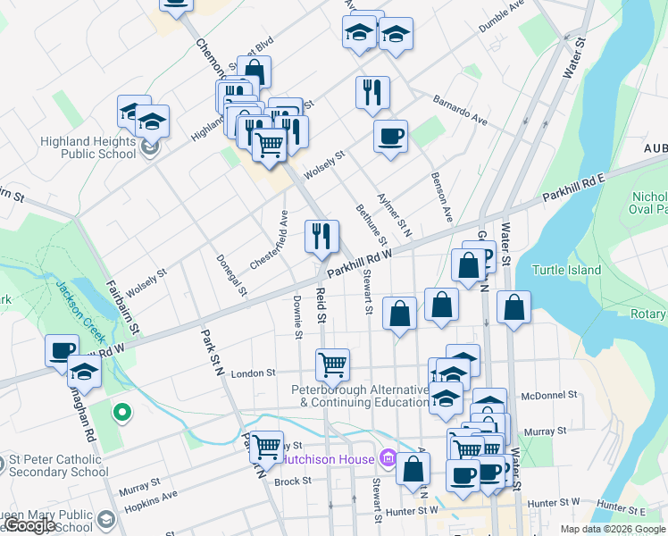 map of restaurants, bars, coffee shops, grocery stores, and more near in Peterborough