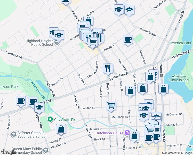 map of restaurants, bars, coffee shops, grocery stores, and more near 52 Victoria Avenue in Peterborough