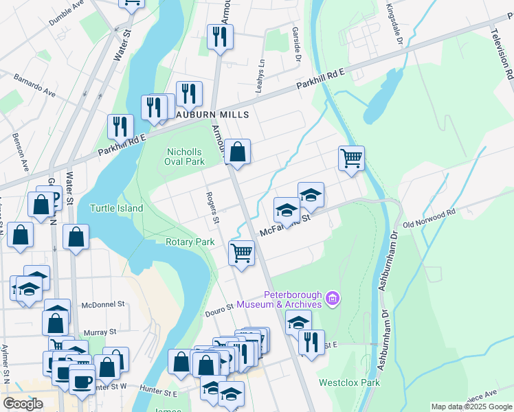 map of restaurants, bars, coffee shops, grocery stores, and more near 637 Centre Street in Peterborough