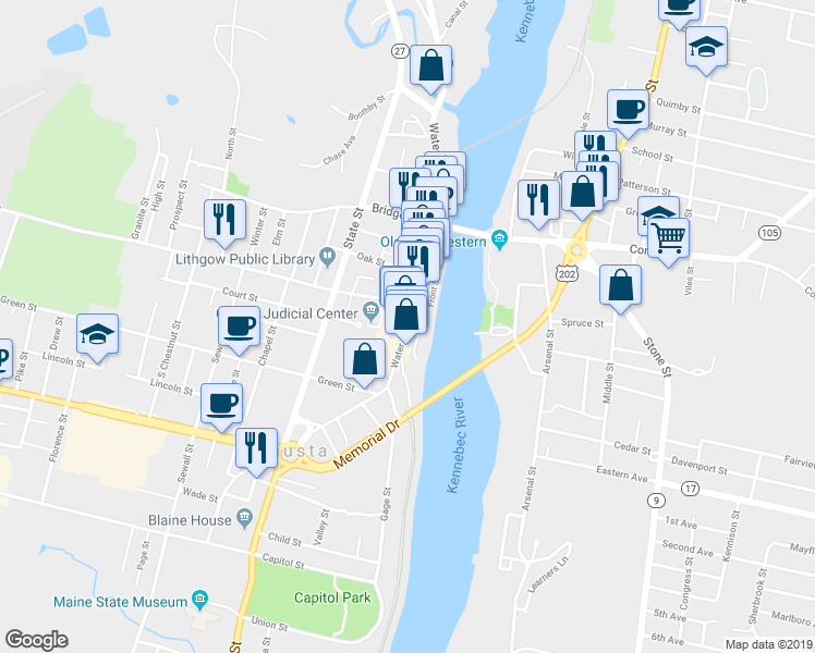 map of restaurants, bars, coffee shops, grocery stores, and more near 325 Water Street in Augusta