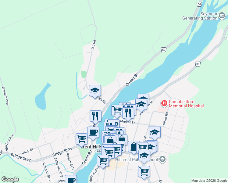 map of restaurants, bars, coffee shops, grocery stores, and more near 31-19 Nelson Road in Campbellford