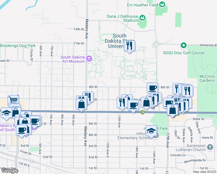 map of restaurants, bars, coffee shops, grocery stores, and more near 1200 8th Street in Brookings