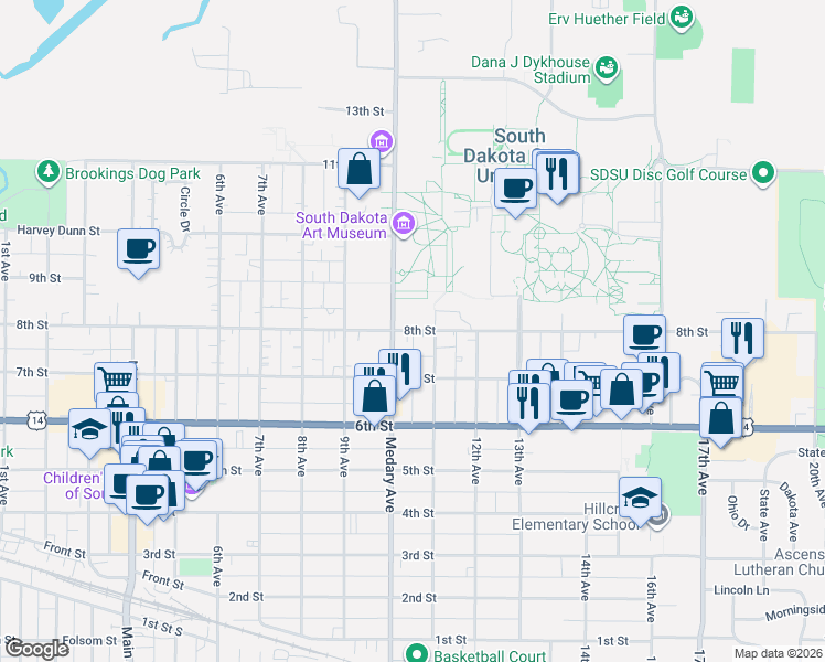 map of restaurants, bars, coffee shops, grocery stores, and more near 1046 8th Street in Brookings