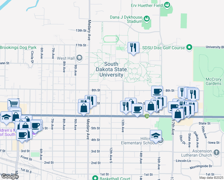 map of restaurants, bars, coffee shops, grocery stores, and more near 1200 8th Street in Brookings