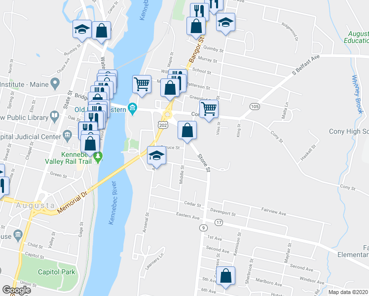 map of restaurants, bars, coffee shops, grocery stores, and more near Spruce Street in Augusta