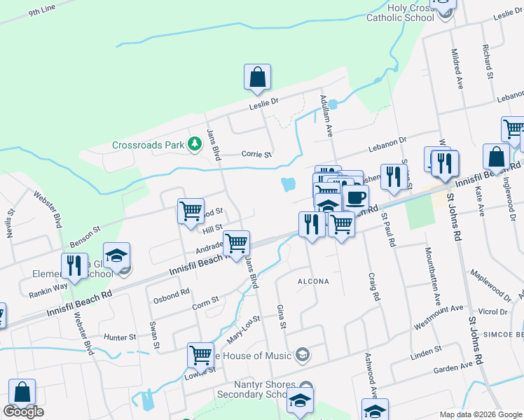 map of restaurants, bars, coffee shops, grocery stores, and more near 1117 Ashley Court in Innisfil