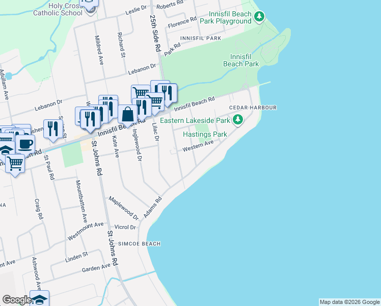 map of restaurants, bars, coffee shops, grocery stores, and more near 2036 Northern Avenue in Innisfil