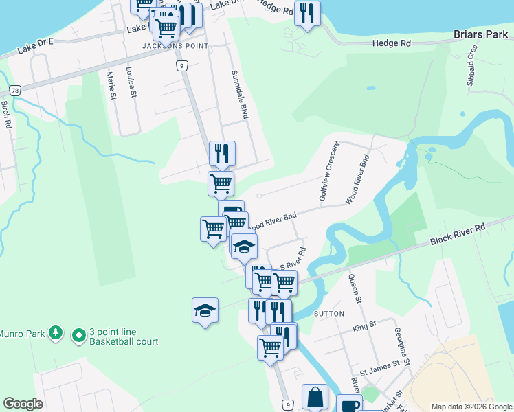 map of restaurants, bars, coffee shops, grocery stores, and more near 5 Northwood Road in Georgina