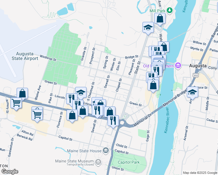 map of restaurants, bars, coffee shops, grocery stores, and more near 19 Sewall Street in Augusta