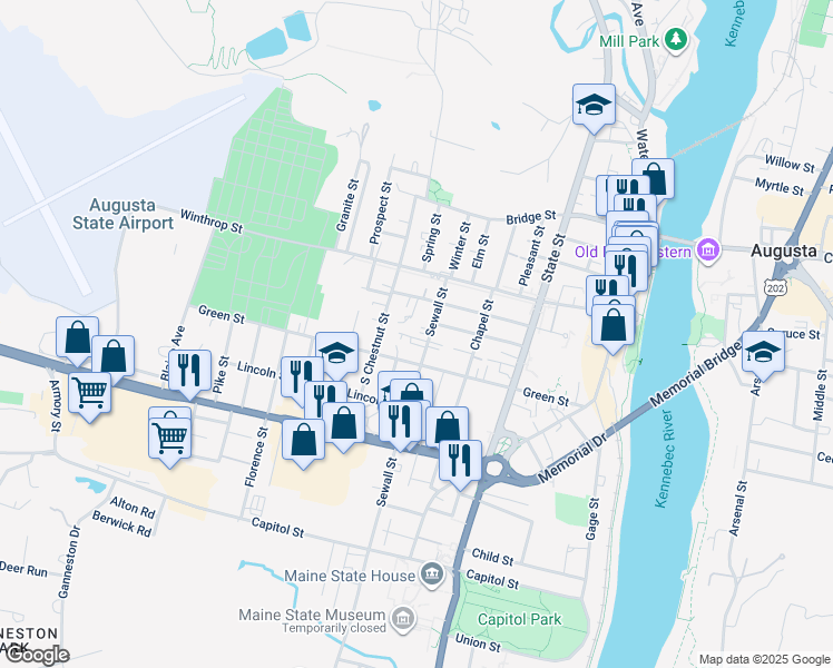 map of restaurants, bars, coffee shops, grocery stores, and more near 19 South Chestnut Street in Augusta