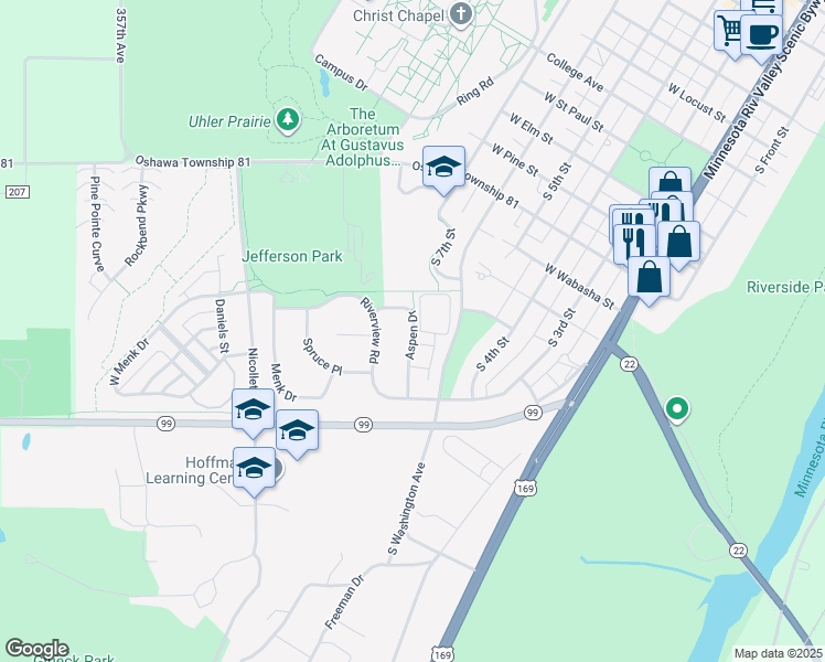 map of restaurants, bars, coffee shops, grocery stores, and more near 1604 Aspen Drive in Saint Peter