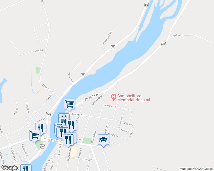 map of restaurants, bars, coffee shops, grocery stores, and more near 248 Front Street North in Trent Hills