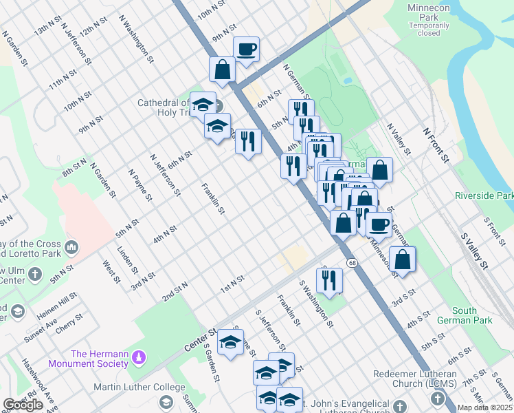 map of restaurants, bars, coffee shops, grocery stores, and more near 226 North Washington Street in New Ulm