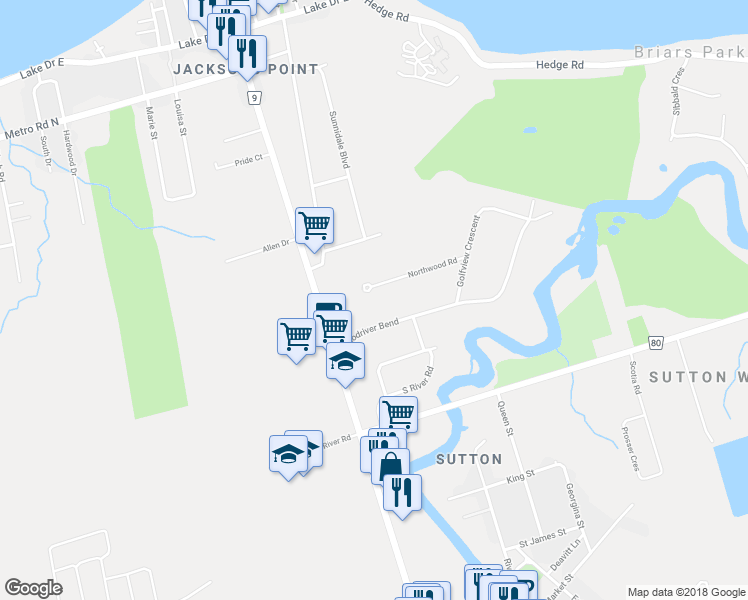 map of restaurants, bars, coffee shops, grocery stores, and more near 5 Northwood Road in Georgina