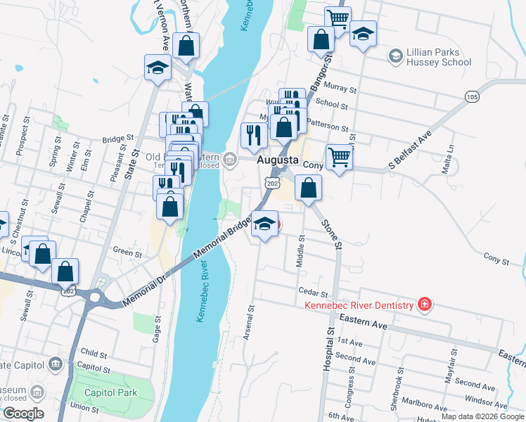 map of restaurants, bars, coffee shops, grocery stores, and more near 28 Arsenal Street in Augusta