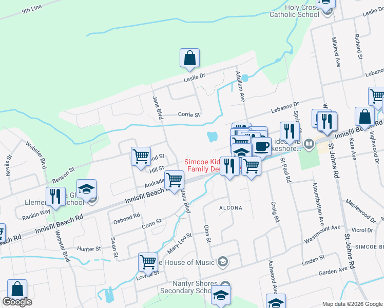 map of restaurants, bars, coffee shops, grocery stores, and more near 1105 Ashley Court in Innisfil