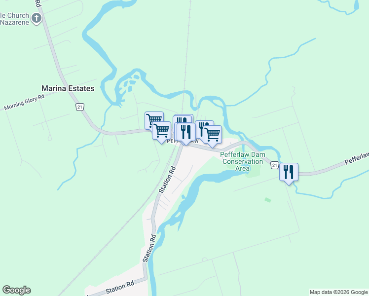 map of restaurants, bars, coffee shops, grocery stores, and more near 281 Pefferlaw Road in Georgina