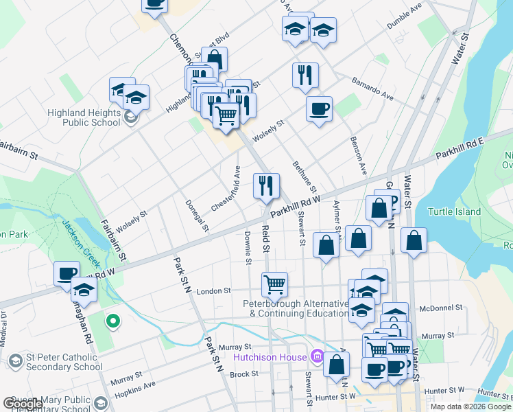 map of restaurants, bars, coffee shops, grocery stores, and more near 37 Victoria Avenue in Peterborough