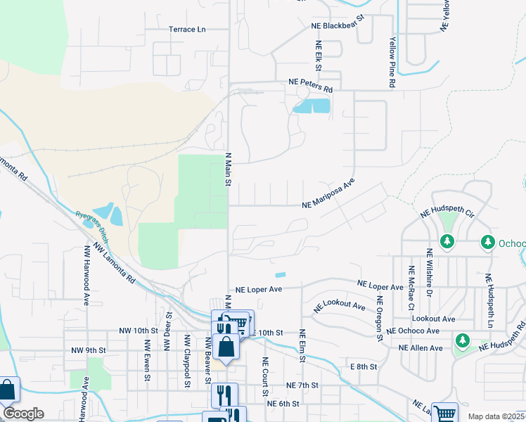 map of restaurants, bars, coffee shops, grocery stores, and more near 350 Northeast Mariposa Avenue in Prineville