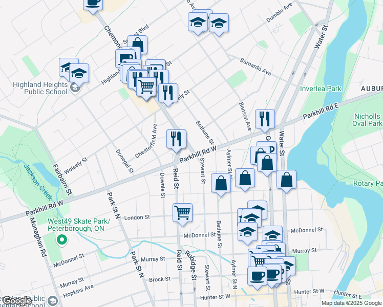 map of restaurants, bars, coffee shops, grocery stores, and more near 679 Chemong Road in Peterborough