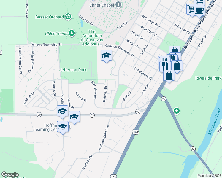 map of restaurants, bars, coffee shops, grocery stores, and more near 1553 Aspen Drive in Saint Peter