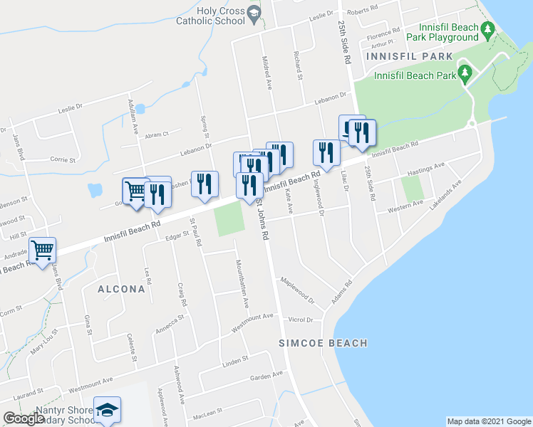 map of restaurants, bars, coffee shops, grocery stores, and more near 2079 Saint Johns Road in Innisfil