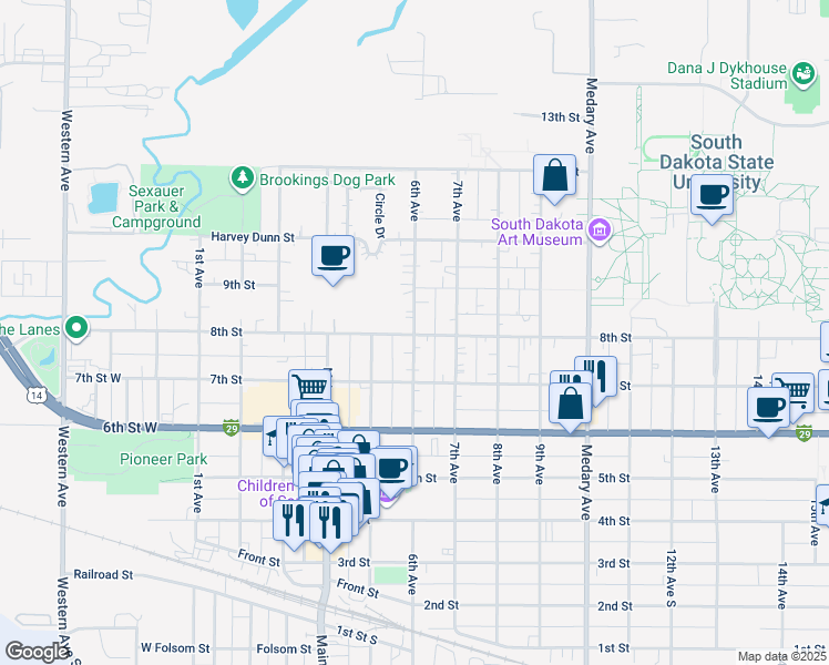 map of restaurants, bars, coffee shops, grocery stores, and more near 804 6th Avenue in Brookings