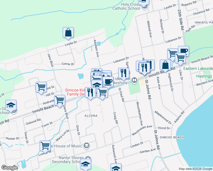 map of restaurants, bars, coffee shops, grocery stores, and more near 1060 Innisfil Beach Road in Innisfil