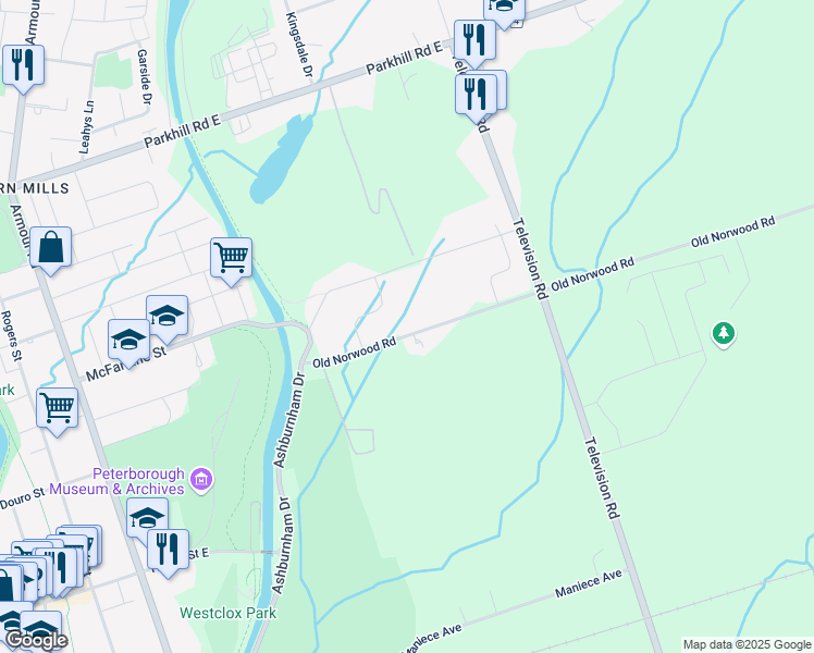 map of restaurants, bars, coffee shops, grocery stores, and more near 2228 Old Norwood Road in Peterborough