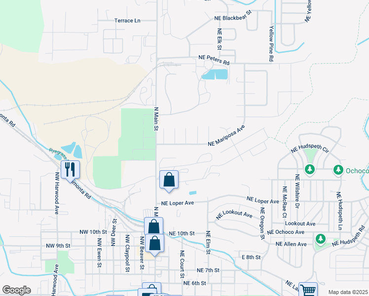 map of restaurants, bars, coffee shops, grocery stores, and more near 350 Northeast Mariposa Avenue in Prineville