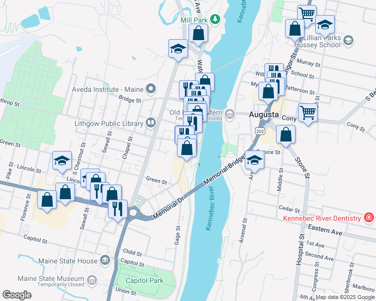 map of restaurants, bars, coffee shops, grocery stores, and more near 313 Water Street in Augusta
