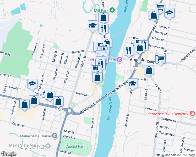 map of restaurants, bars, coffee shops, grocery stores, and more near 313 Water Street in Augusta