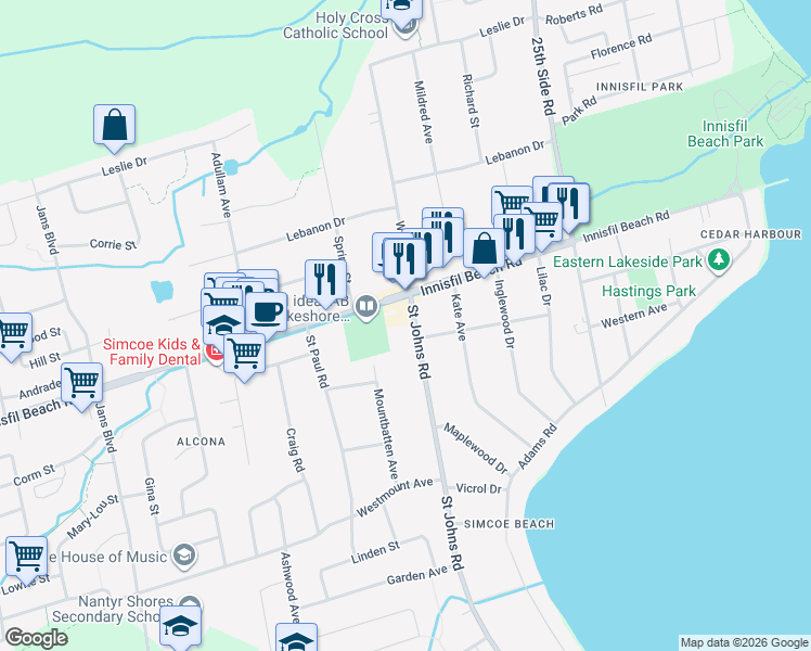 map of restaurants, bars, coffee shops, grocery stores, and more near 5-945 Innisfil Beach Road in Innisfil