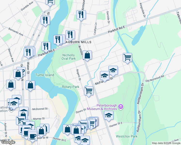 map of restaurants, bars, coffee shops, grocery stores, and more near in Peterborough