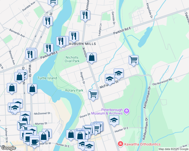 map of restaurants, bars, coffee shops, grocery stores, and more near 650 Armour Road in Peterborough