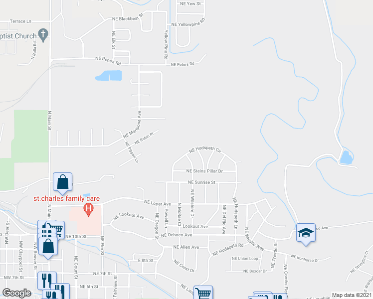 map of restaurants, bars, coffee shops, grocery stores, and more near 939 Northeast Hudspeth Lane in Prineville