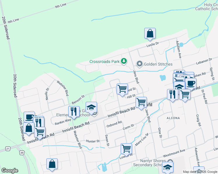 map of restaurants, bars, coffee shops, grocery stores, and more near 2198 Chalmers Crescent in Innisfil