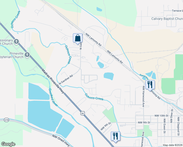 map of restaurants, bars, coffee shops, grocery stores, and more near 1517 Northwest Teal Loop in Prineville