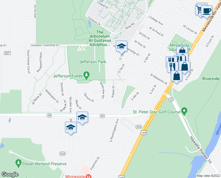 map of restaurants, bars, coffee shops, grocery stores, and more near 1604 Aspen Drive in Saint Peter