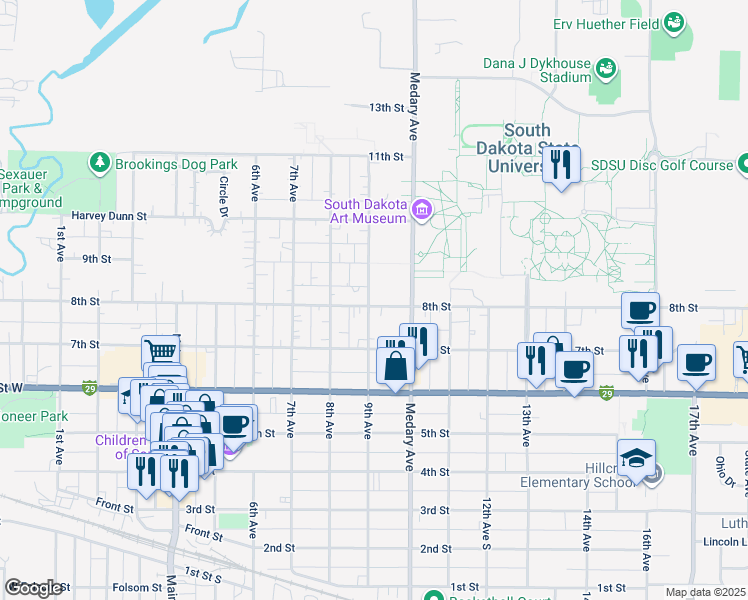 map of restaurants, bars, coffee shops, grocery stores, and more near 903 9th Avenue in Brookings
