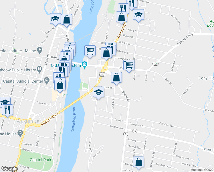 map of restaurants, bars, coffee shops, grocery stores, and more near 9 Spruce Street in Augusta