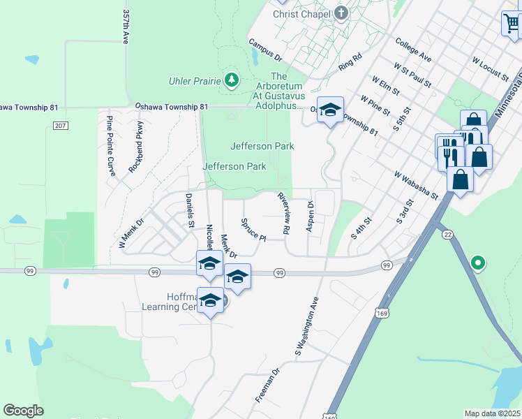 map of restaurants, bars, coffee shops, grocery stores, and more near 815 Meadowlark Lane in Saint Peter