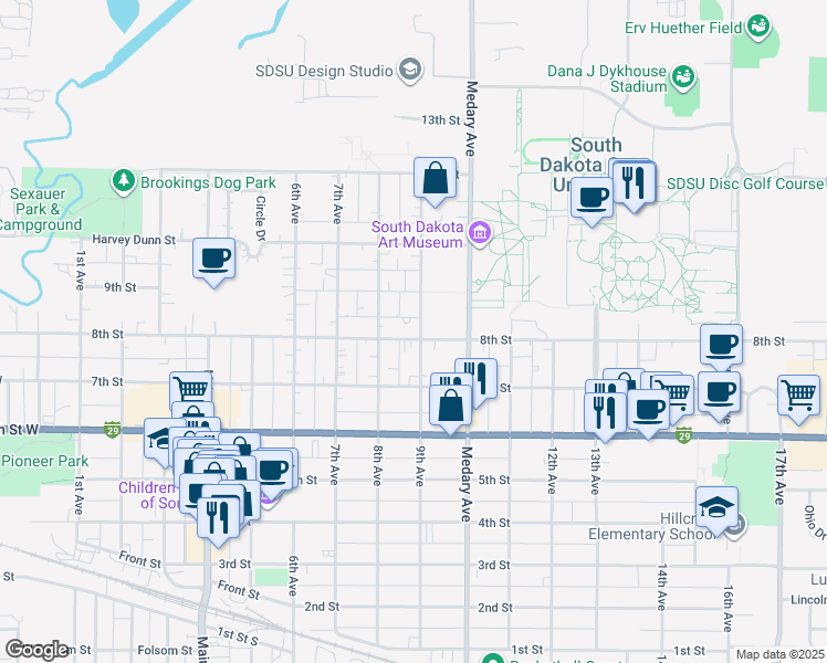 map of restaurants, bars, coffee shops, grocery stores, and more near 803 9th Avenue in Brookings