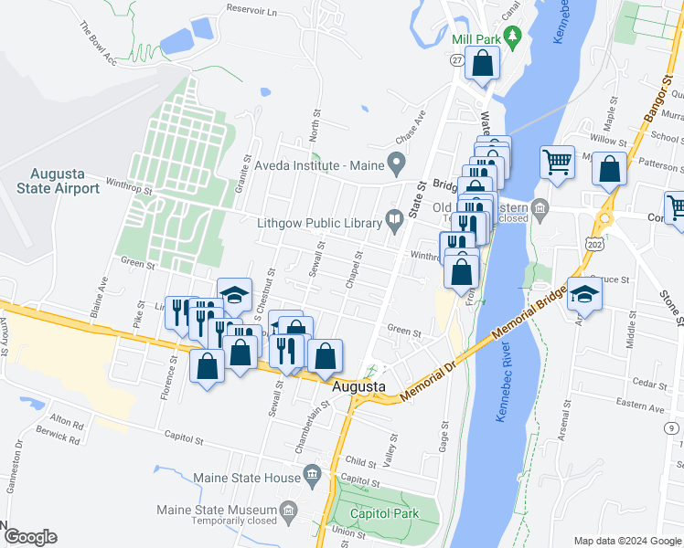 map of restaurants, bars, coffee shops, grocery stores, and more near 16 Chapel Street in Augusta