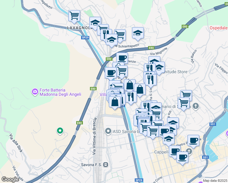 map of restaurants, bars, coffee shops, grocery stores, and more near 62 Corso Agostino Ricci in Savona