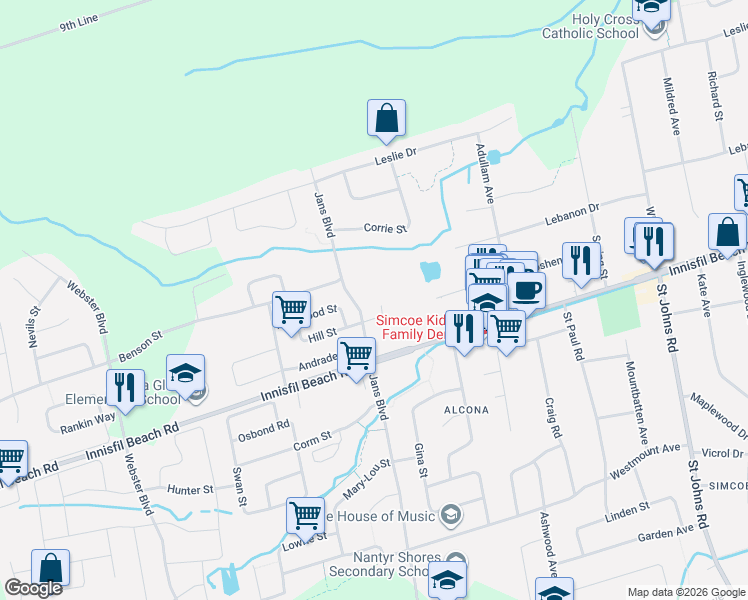 map of restaurants, bars, coffee shops, grocery stores, and more near 1103 Ashley Court in Innisfil