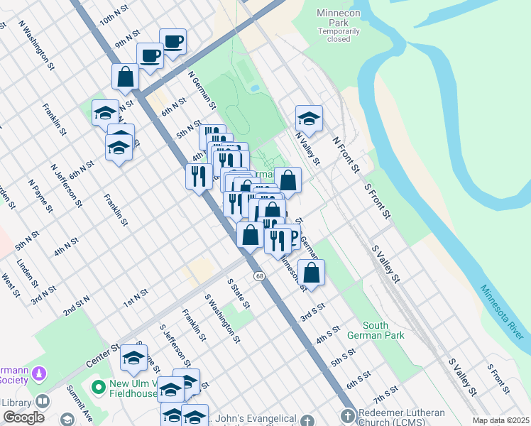 map of restaurants, bars, coffee shops, grocery stores, and more near in New Ulm