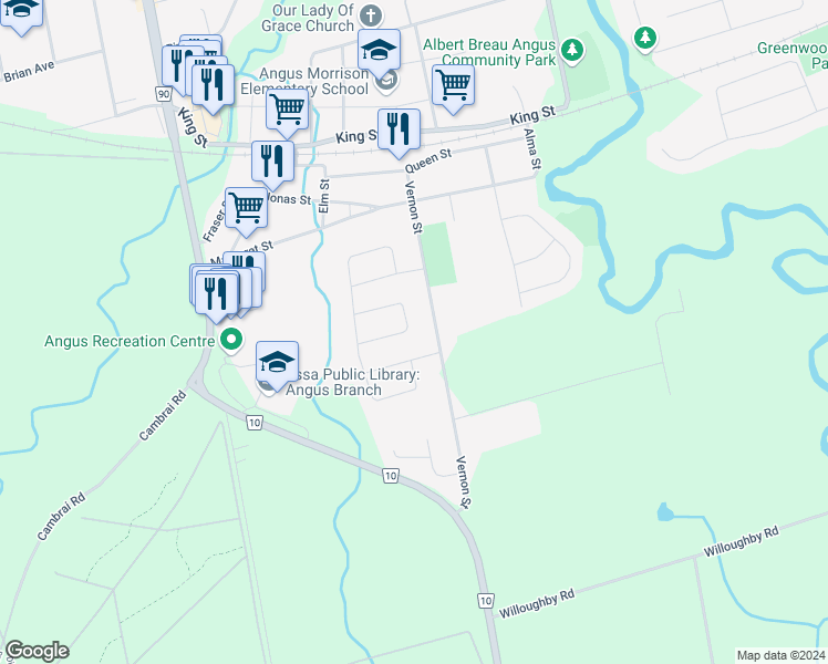 map of restaurants, bars, coffee shops, grocery stores, and more near 17 Larkdale Crescent in Angus